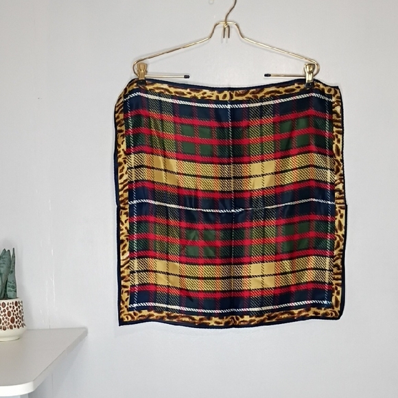 Vintage Accessories - Vintage Silk Scarf Tartan Plaid Square Scarf with a Leopard Print Border